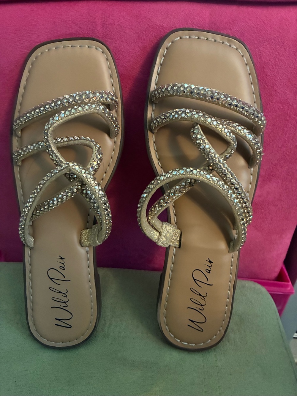 Wild Pair Gold Rhinestone Multi-Strap Slide Sandals
